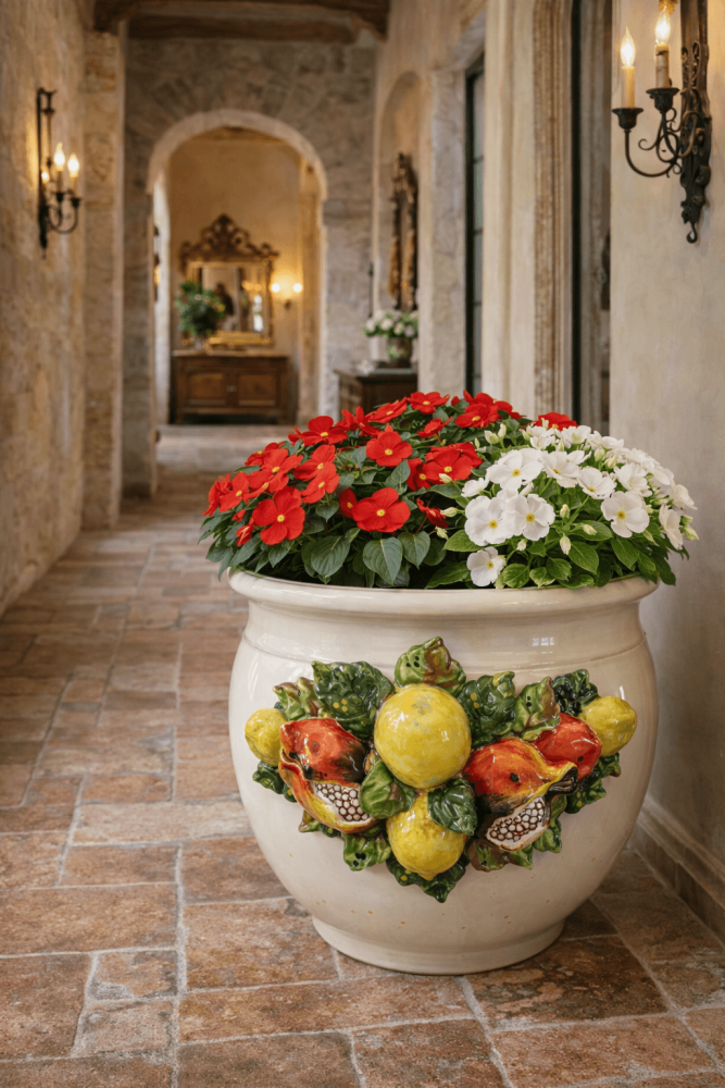 Vase en céramique artisanale de Toscane avec grenades et citrons